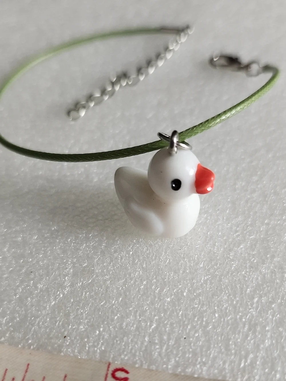 Hand Crafted White Duck Charm Bracelet / Anklet with Green Cord